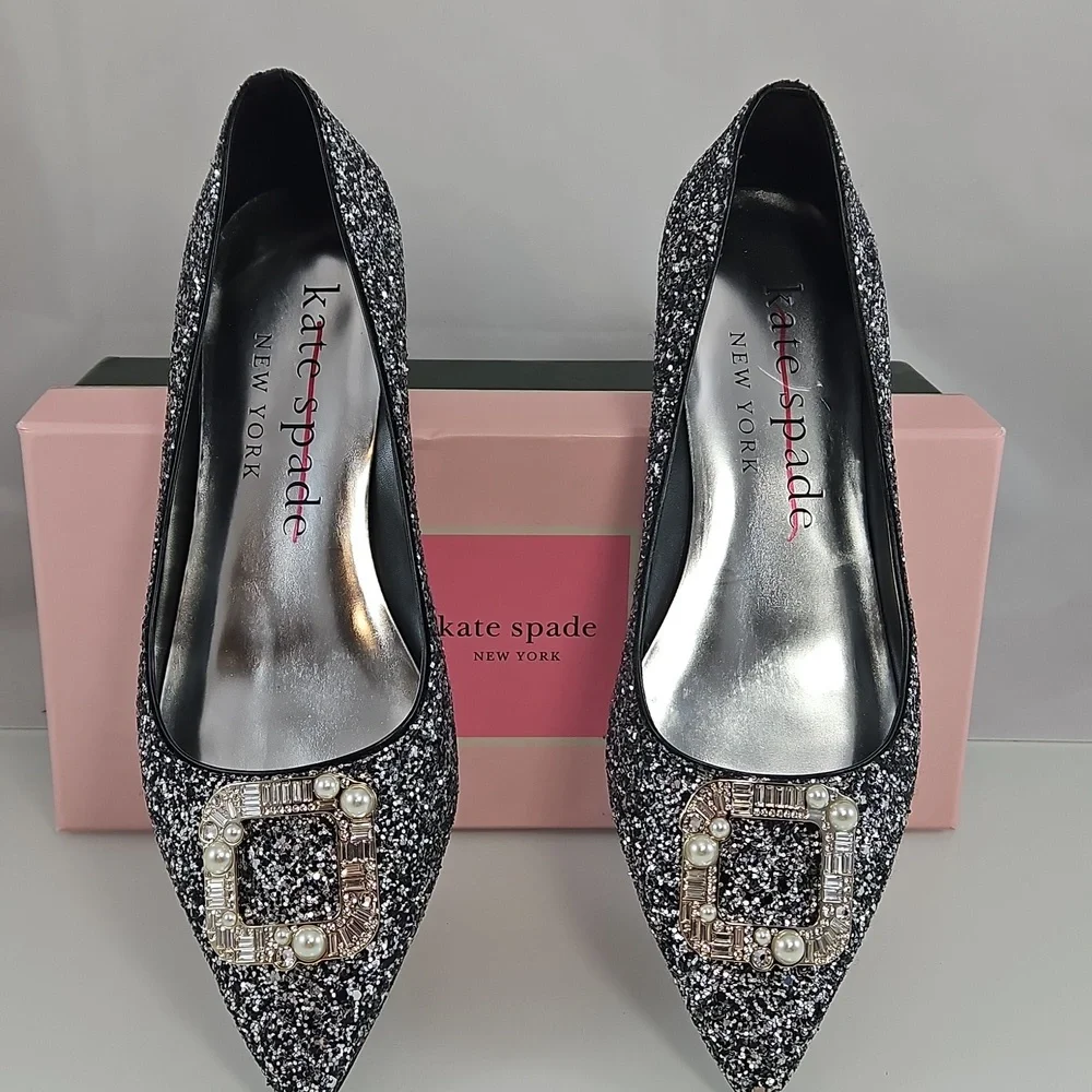 Kate Spade Silver Buckle Up Glitter Flats Size 38.5 - Picture 13 of 15